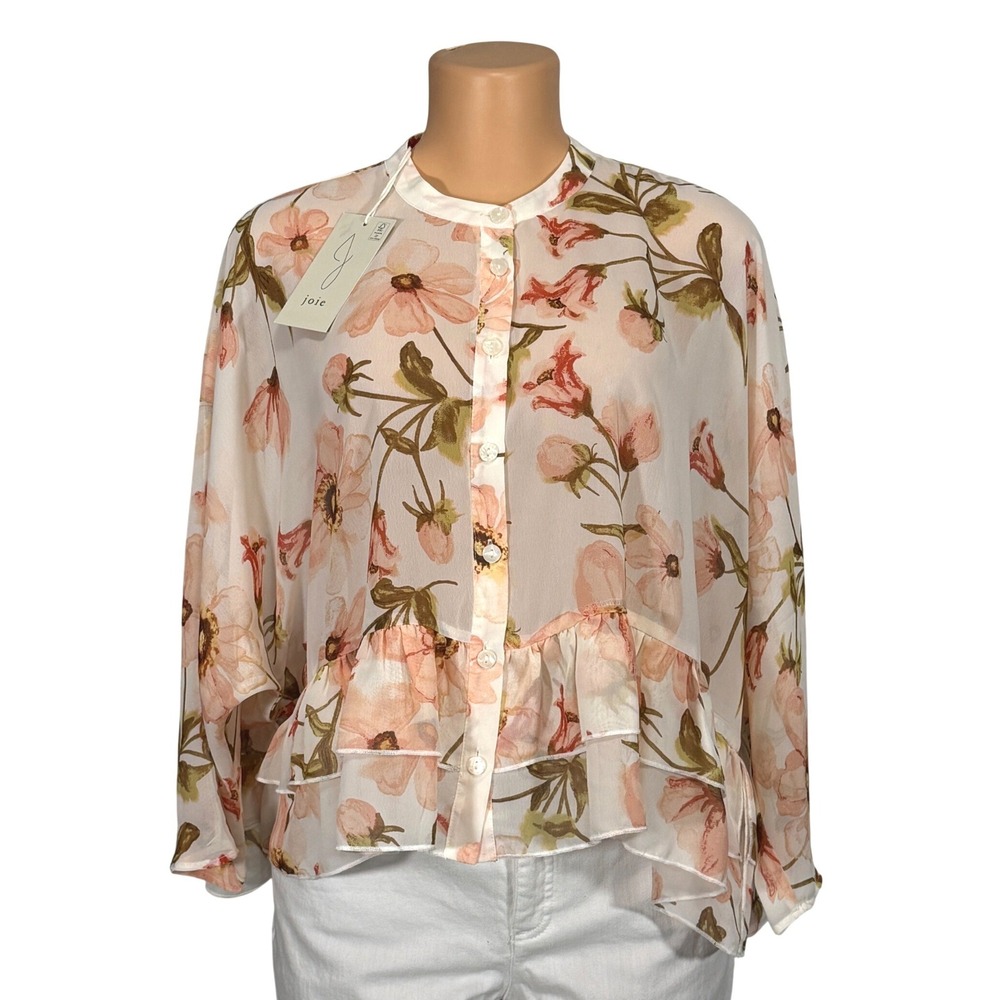 Joie Womens Floral Peplum Blouse Ivory Pink Sheer Button Front Top Size S NEW
